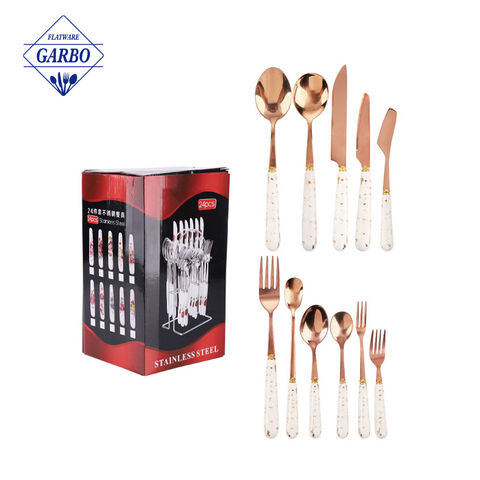 Elegant Gold Plating White Marble Cutlery Set 24