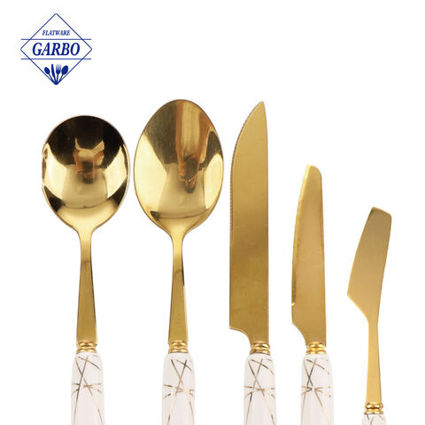 18/10 Gold Ceramic Pink Marble Handle Cutlery Set na may Rack