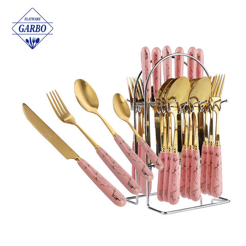 18/10 Gold Ceramic Pink Marble Handle Cutlery Set na may Rack