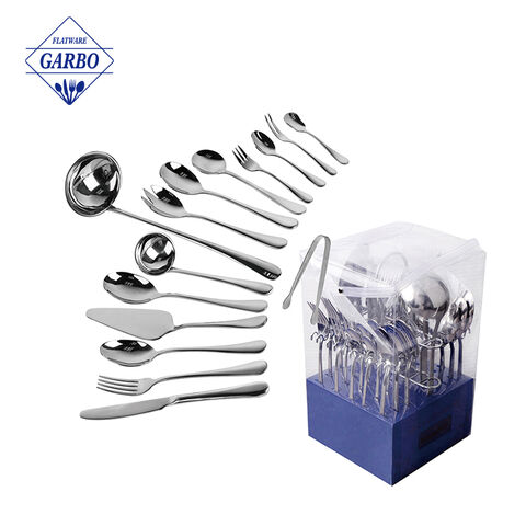 Custom Logo Blank Stainless Steel Cutlery Set 24 dengan Metal Rack