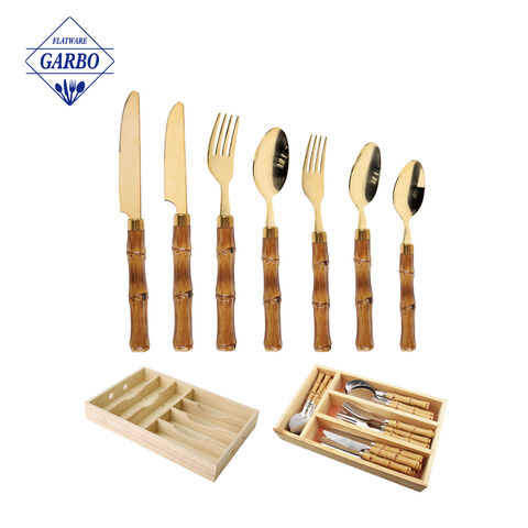 Brazil Hot Sale Gold Plating Bamboo Flatware with Wooden Box