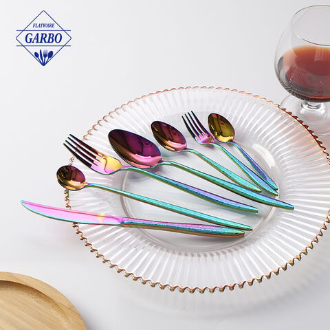 Classic design stainless steel cutlery set luxurious rainbow color e-plating flatware