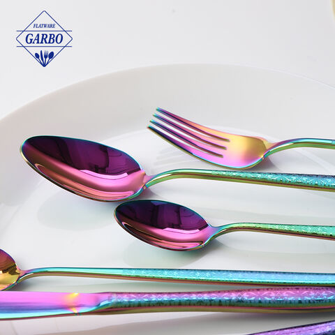 Classic design stainless steel cutlery set luxurious rainbow color e-plating flatware