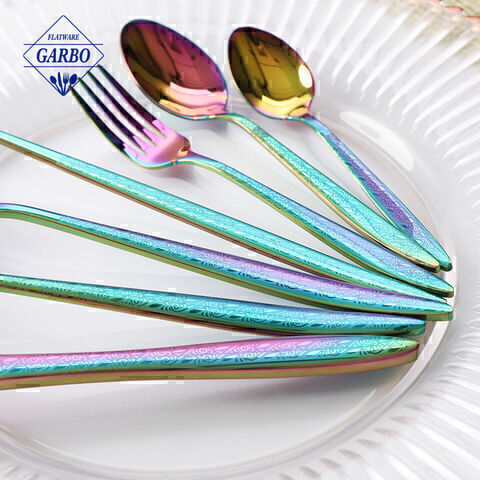 Classic design stainless steel cutlery set luxurious rainbow color e-plating flatware