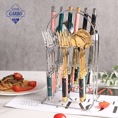 25-Piece Gold Stainless Steel Sendok Garpu Set dengan dudukan logam Pegangan dengan keramik, Perkakas Dapur Peralatan Makan Sendok Garpu Set Layanan untuk 6 Set Sendok Garpu Steak untuk Rumah dan Restoran