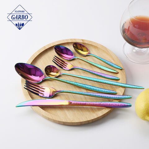 Rainbow color cutlery set with laser handle design hot sale in amazon 