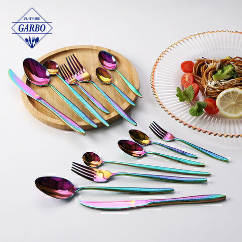 Rainbow color cutlery set with laser handle design hot sale in amazon 