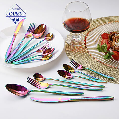 Rainbow color cutlery set with laser handle design hot sale in amazon 