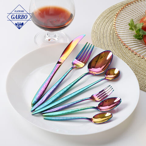 Table decor marangyang kitchenware color rainbow electroplating stainless steel cutlery set