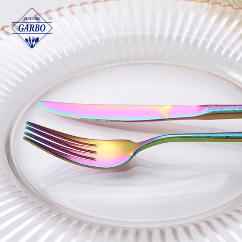 Table decor luxurious kitchenware rainbow color electroplating stainless steel cutlery set