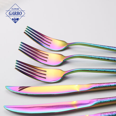 Table decor luxurious kitchenware rainbow color electroplating stainless steel cutlery set