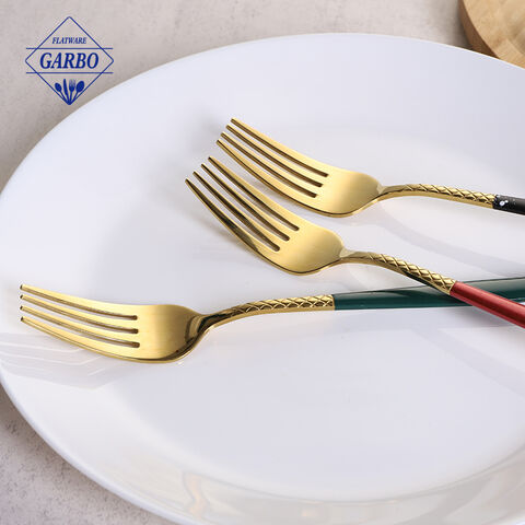 Tenedor de cena de cubiertos de acero inoxidable dorado con mango de color decorativo