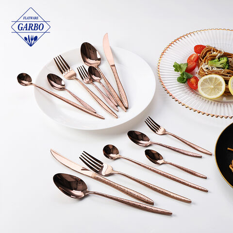 Rose gold color cutlery set with embossed handle flatware china supplier 