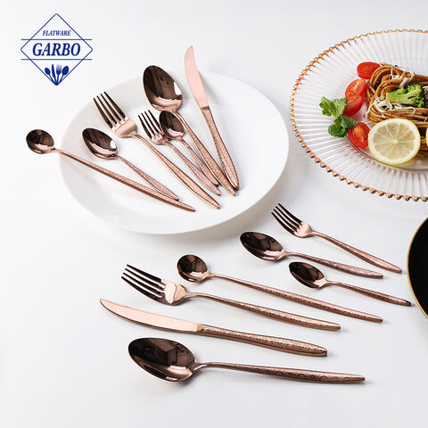 Rose gold color cutlery set with embossed handle flatware china supplier 