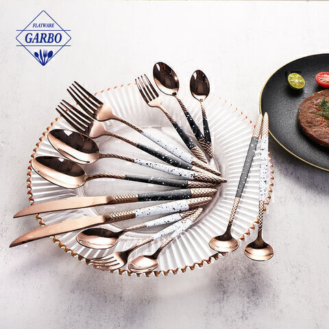 Rose Gold Silverware Set 20 Pieces Stainless Steel Rose Gold Flatware Set Titanium Plating Copper Cutlery Set