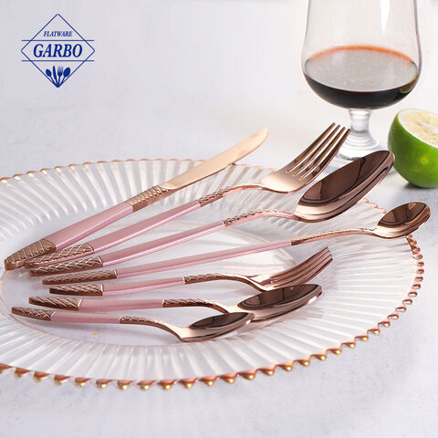 Rose Gold Silverware Set 20 Pieces Stainless Steel Rose Gold Flatware Set Titanium Plating Copper Cutlery Set