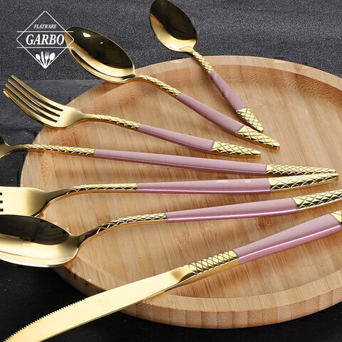 Wedding Party Gold Plated Cutlery with Pink Painting Handle