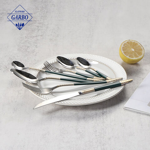 stock luxury stainless steel flatware with spray green color and golden plating