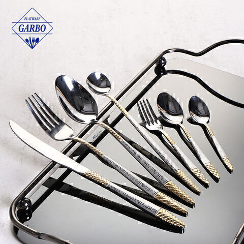 Vintage Gold Embossed Handle Best Seller Mirror Silvery Stainless Steel Cutlery Set