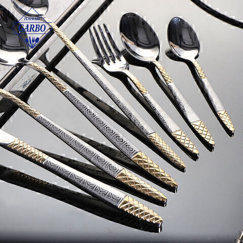 Vintage Gold Embossed Handle Best Seller Mirror Silvery Stainless Steel Cutlery Set