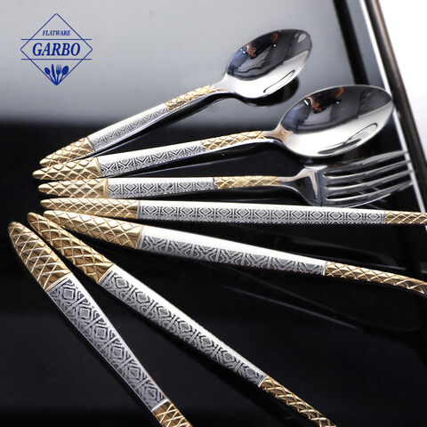 Gagang Timbul Emas Antik Best Seller Set Sendok Garpu Stainless Steel Cermin Keperakan