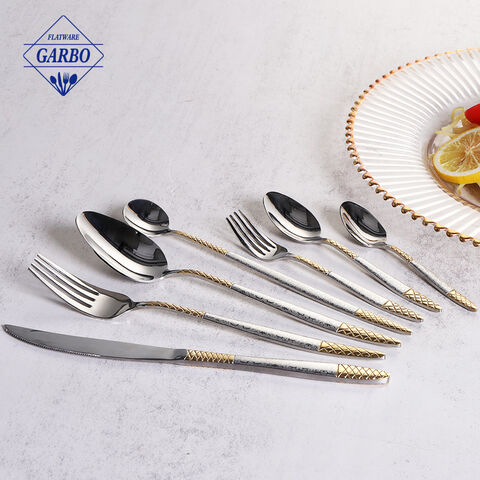 Stock Available Wholesale Vintage Gold Plating Laser Handle Stainless Steel Flatware Set