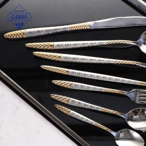 Stok Tersedia Borong Vintage Gold Plating Laser Handle Set Pisau Keluli Tahan Karat