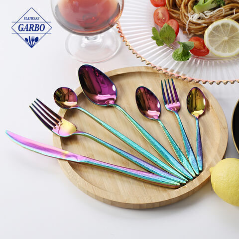 7PCS rainbow color PVD plating with laser pattern handle stainless steel flatware set.