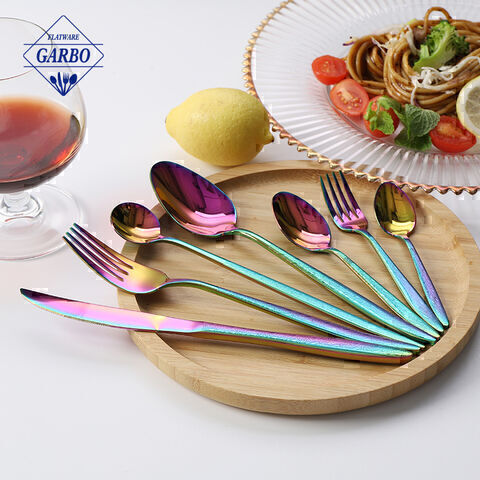 7PCS rainbow color PVD plating with laser pattern handle stainless steel flatware set.