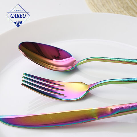 7PCS rainbow color PVD plating with laser pattern handle stainless steel flatware set.