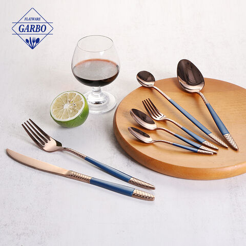 Available ang Stock sa Nangungunang Nagbebenta ng Amazon Blue Handle Rose Gold Mirror Stainless Steel Cutlery Set