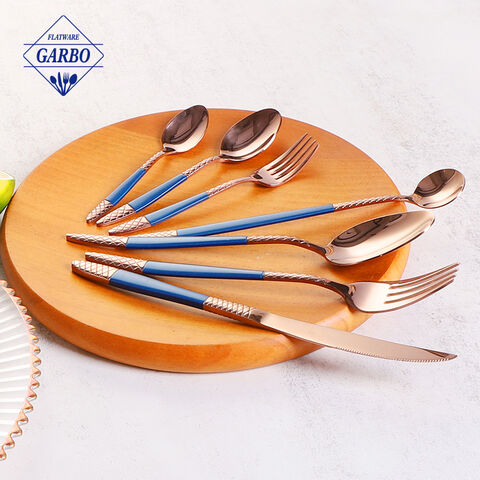 Amazon Top Seller Stok Tersedia Blue Handle Rose Gold Mirror Stainless Steel Cutlery Set