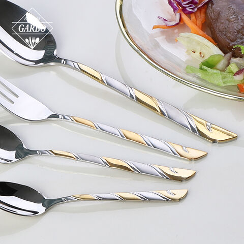 Amazon Best Seller Mirror Silver Stainless Steel Cutlery Set with Gold Plated Handle