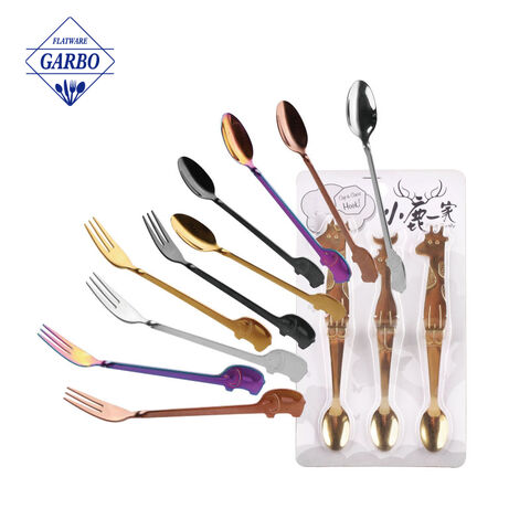 China wholesale stainless steel cute animal flatware set titanium customized color dessert spoon fork for kids
