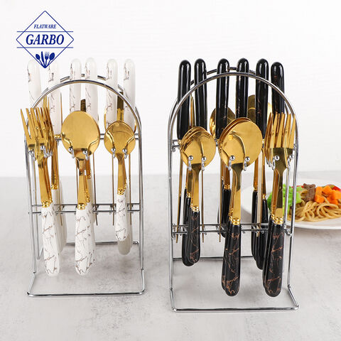 High end gold color cutlery set with holder mirror polish flatware 