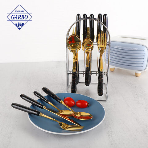 High end gold color cutlery set with holder mirror polish flatware 