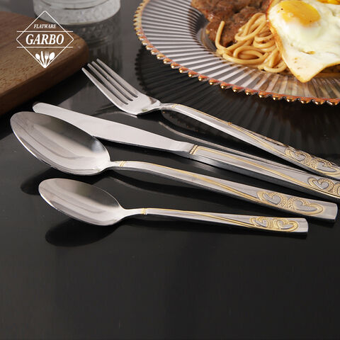 Stainless steel 18/2 flatware set with heart shape emboosed design on handle