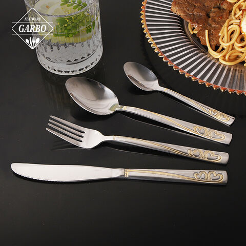 Stainless steel 18/2 flatware set with heart shape emboosed design on handle