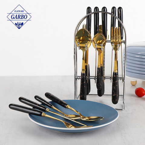Marble Black Ceramic Handle 24pcs Stainless Steel Flatware Gold Cutlery with Iron Shelf