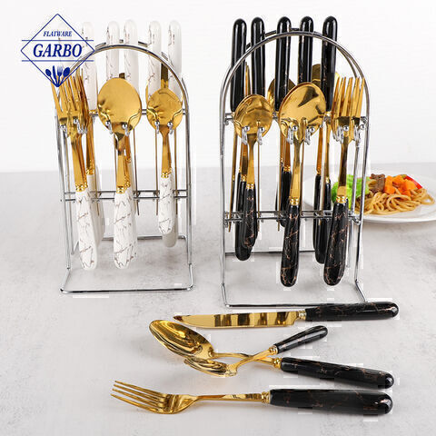 Set peralatan makan stainless steel 24 potong dengan gagang keramik dan dudukan warna perak