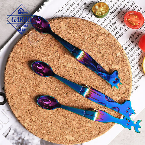 Premium quality 304 stainless steel teaspoon blue electroplating color kitchen utensils with cute handle