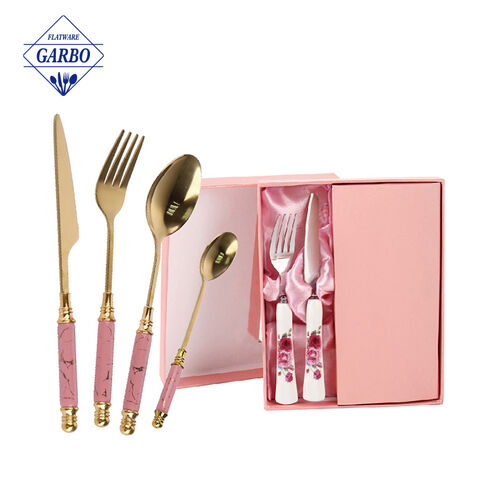 pink color marble design handle stainless steell gift set for lady