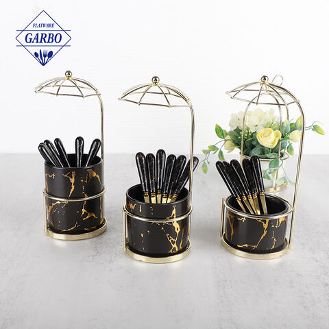 8-piece ceramic handle stainless steel spoon set with ceramic cylinder storage rack