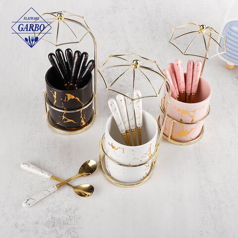 8-piece ceramic handle stainless steel spoon set with ceramic cylinder storage rack