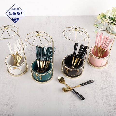8-piece ceramic handle stainless steel spoon set with ceramic cylinder storage rack