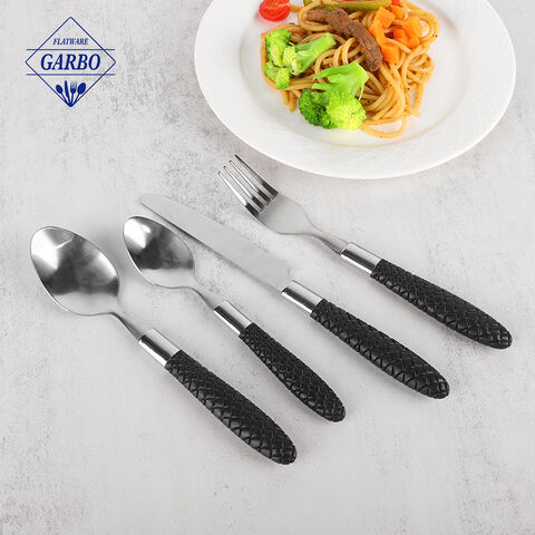Affordable price 410 stainless steel knife fork spoon cutlery set with black color plastic handle