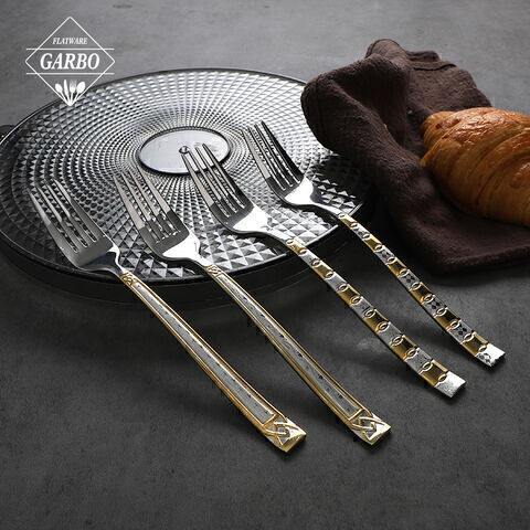 201 stainless steel dinner fork with gold engraved and laser pattern handle