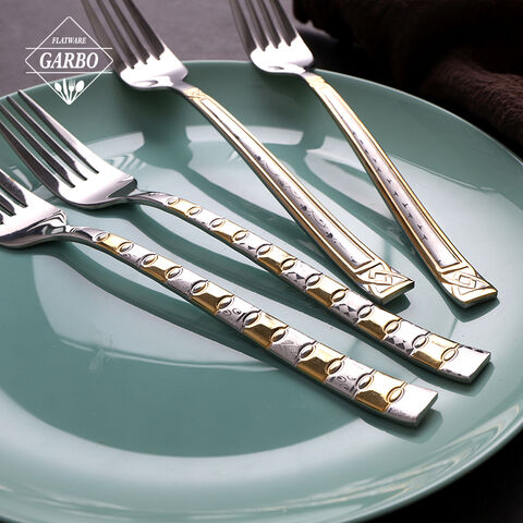 Fourchette à dîner en acier inoxydable 201 avec poignée gravée en or et motif laser