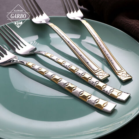 201 stainless steel dinner fork with gold engraved and laser pattern handle