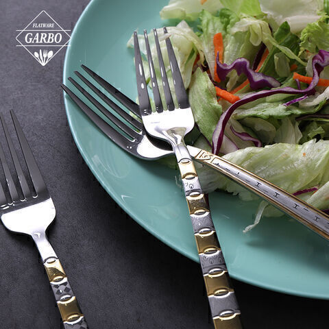 Fourchette à dîner en acier inoxydable 201 avec poignée gravée en or et motif laser